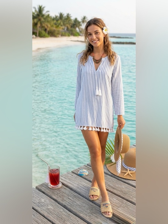 Rachel Zoe Tops - Rachel Zoe Blue and White Striped Tassel-Hem Tunic